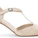 Coutgo Womens Low Kitten Heels T Strap Closed Pointed Toe Ankle Buckle Pumps Wedding Party Dress Shoes (9.5, Nude)