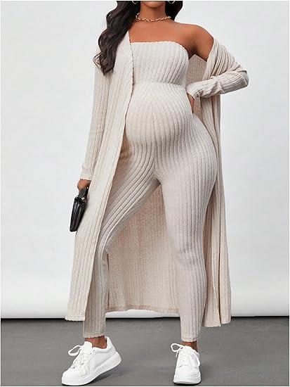 Women's Maternity Ribbed 2 Piece Outfit Strapless Skinny Leg Jumpsuit and Long Sleeve Cardigan Set, Size S