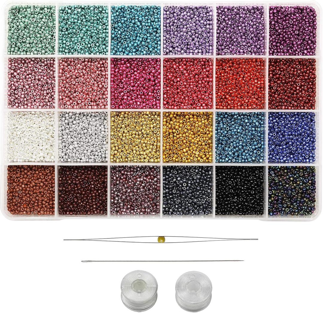 Bala&Fillic Size 11/0 Seed Beads 24 Colors About 14400pcs in Box, Small Craft Beads with Clear Elastic String and Beading Needles for Earring Jewelry Making (600pcs/Color,24 Colors) (11/0-2.4mm, 24 Colors Lot 7 -11/0)