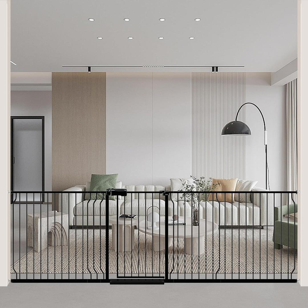 WAOWAO Baby Gate 100-109.42" Extra Wide Pressure Mounted Walk Through Swing Auto Close Safety Black Metal Toddler Kids Child Dog Pet Puppy for Stairs,Doorways,Kitchen