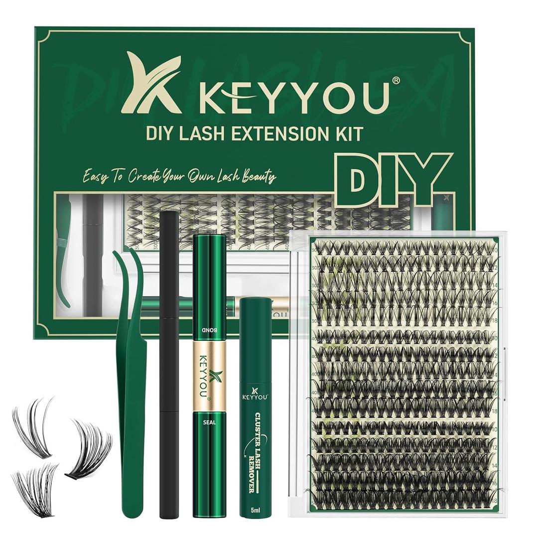 KEYYOU Lash Extension Kit DIY 300Pcs Lash Clusters Eyelash Extension Kit Lash Clusters Kit with Lash Glue Remover Applicator Easy to Use for Beginners(Kit,30D40D50D-C,8-16MIX)