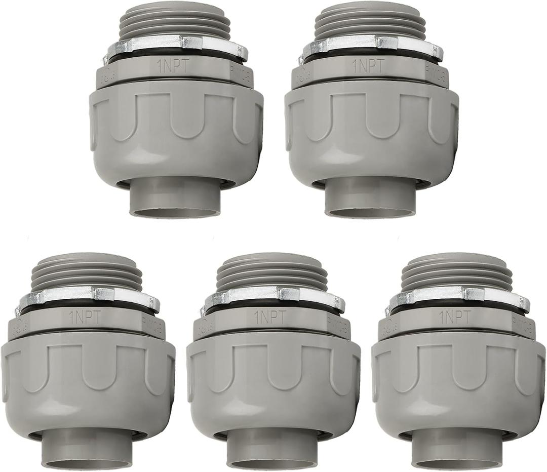 Conduit Connectors, 1 Inch Liquid Tight Connector NPT Non-Metallic for PVC Electrical Flexible Conduit Fittings, 180 Degree Straight, UL Listed for Home Outdoor Tubes Tools, Grey (5-Pack)
