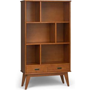 SIMPLIHOME Draper Bookcase - 64 inch Tall Solid Wood Wide Storage Bookshelf in Teak Brown, Mid-Century Modern Storage for Living Room, Study Room or Office with Adjustable Shelves and Tapered Legs