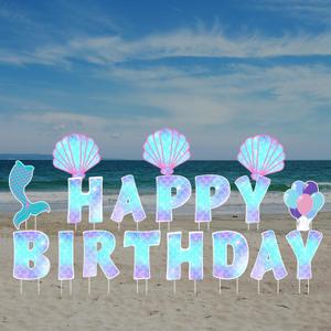 Jetec 18 Piece Mermaid Happy Birthday Yard Signs with Stakes, 16 Inch Outdoor Lawn Signs, Cake Balloon Patio Decorations, Garden Lawn Decor for Party