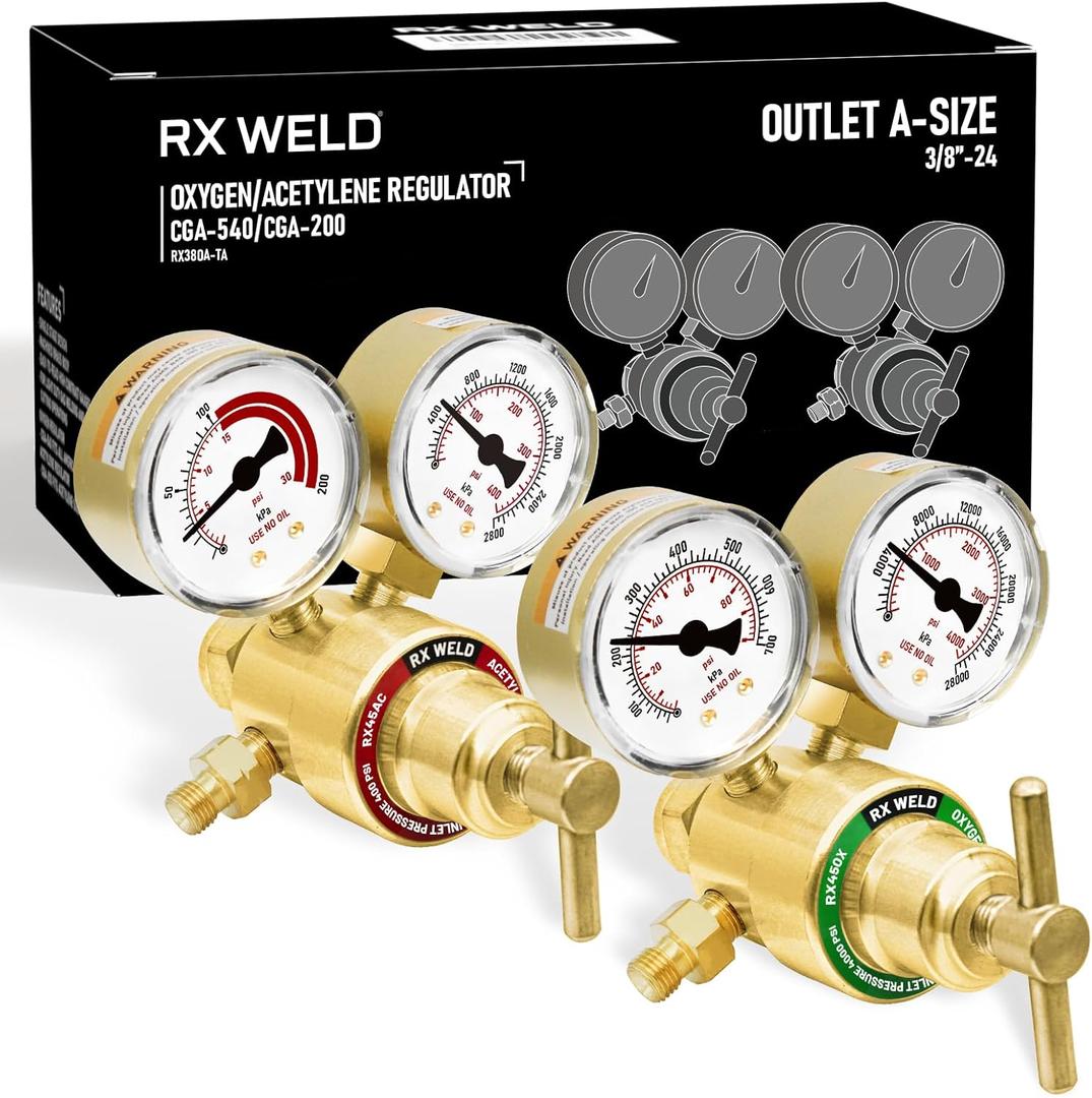 RX WELD Light Duty Oxygen Acetylene Regulator Set, CGA-540 CGA-200 for MC Tanks, Outlet 3/8"-24 A-Size for Plumbing HVAC