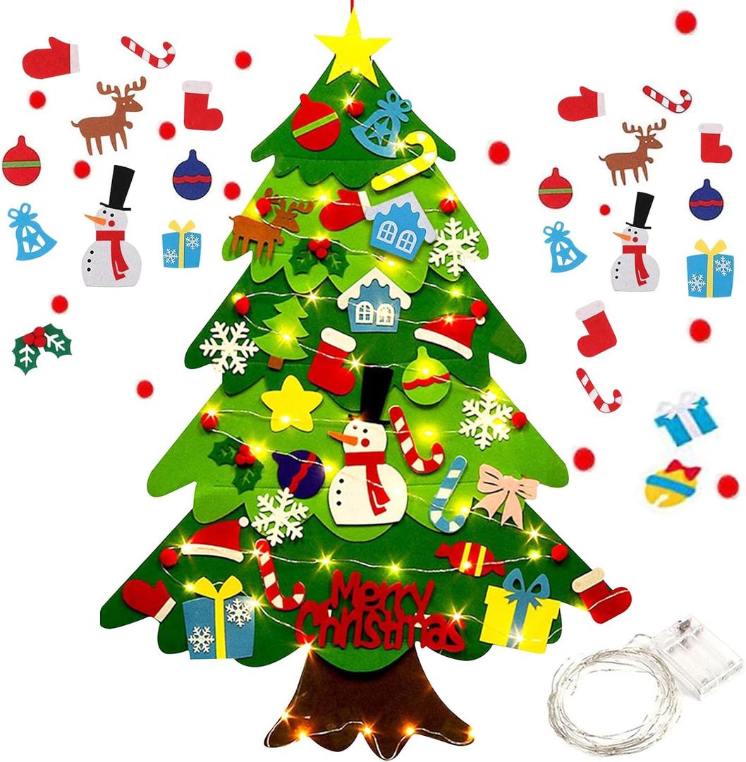 Felt Christmas Tree for Toddlers, 3.2ft My First Christmas Tree for Kids, 34 Ornaments Wall Hanging DIY Xmas Decorationse with String Light