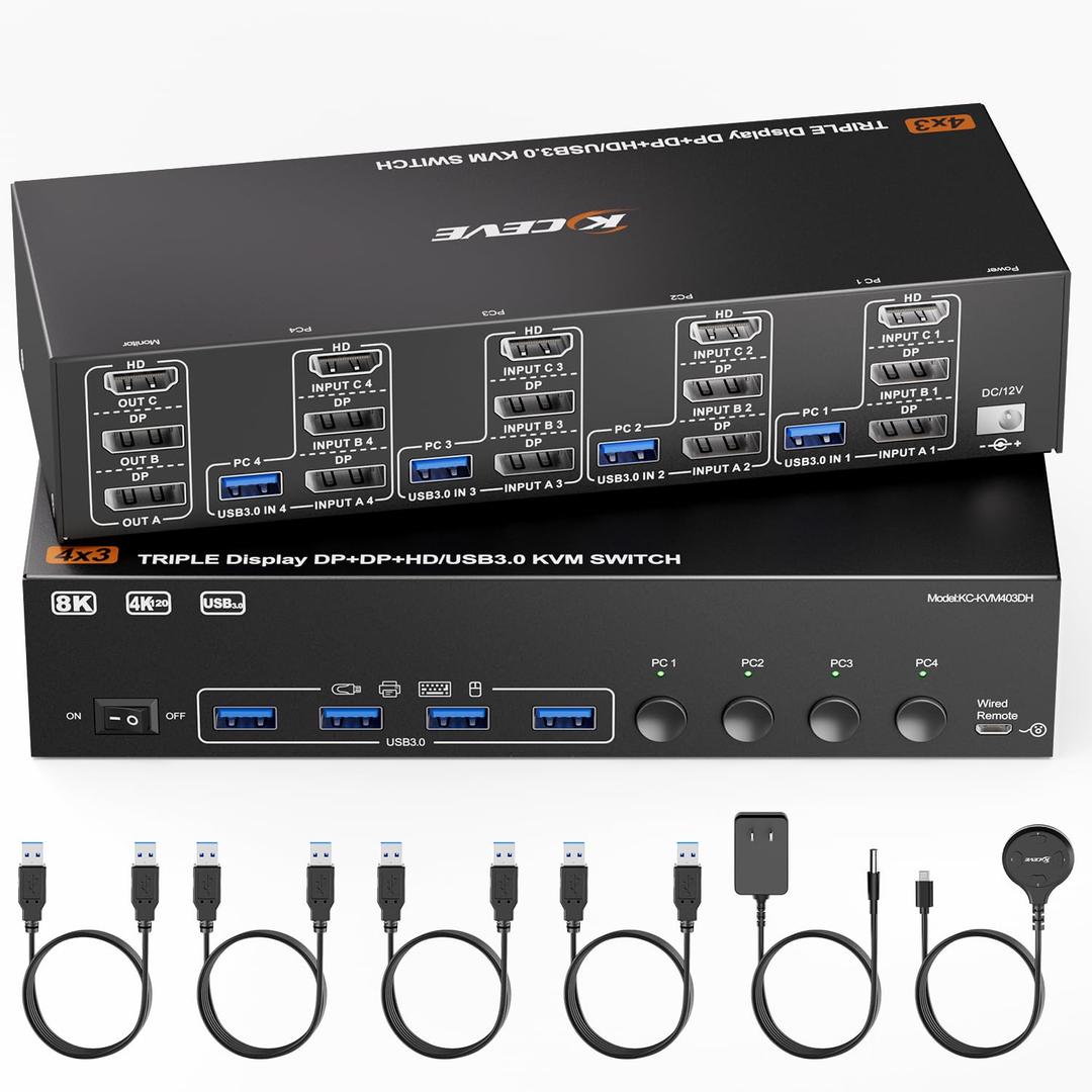 KVM Switch 3 Monitors 4 Computers 8K@60Hz 4K@144Hz, HDMI +2 Displayport Triple Monitor KVM Switch with 4 USB Ports for Keyboard Mouse,Support Extended/Copy Mode, with Wired Remote and 4 USB Cables