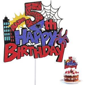 Spider Happy Birthday Cake Topper, Durable Glitter Red and Blue Spider Cartoon Themed Birthday Cake Decoration Supplies Suitable for Boys Girls (Number 5)