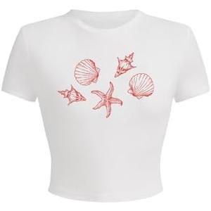 RoseSeek Women's Beach Graphic Tee Trendy Summer Short Sleeve Tee Shirts Crew Neck Crop Tops Bikini Print Preppy Top, Size medium