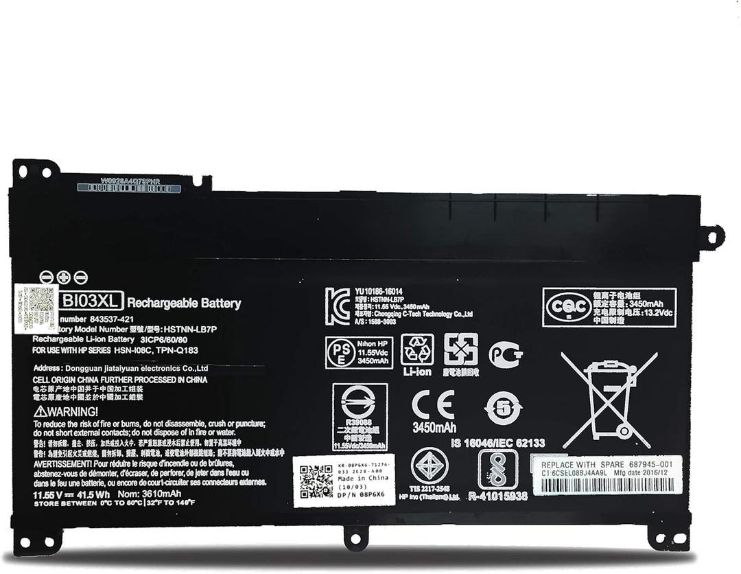 BI03XL Battery ON03XL for HP Stream 14-CB 14-AX 14-DS:14-CB185NR CB188NR CB186NR CB172WM CB171WM 14-DS0010DS 14-DS0035NR DS0036NR 14-AX010WM AX020WM AX030WM 14-AX040WM;843537-541 844203-850 B103XL