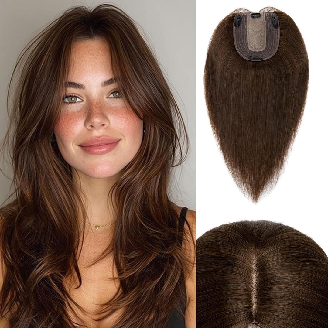 Rich Choices Hair Toppers for Women Real Human Hair 100% Human Remy Toppers NO Bangs for Women with Thinning on Top Clip in Hairpiece 4"x4.7"Lace Base 12 Inch #4 Medium Brown