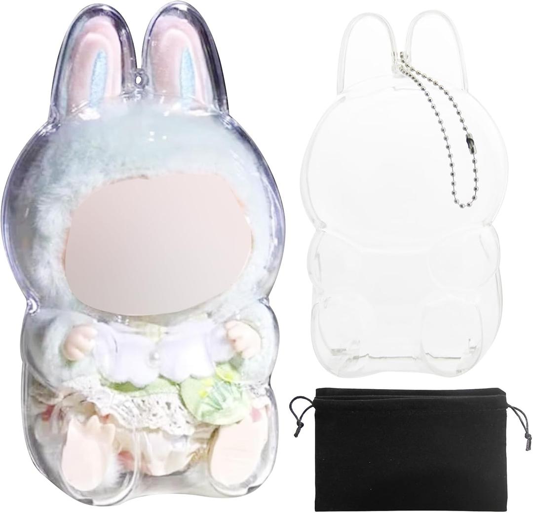 2 x Protective Case for LABUBU, Case Cover for 17cm Doll, Plastic Clear Cover for Have a Seat Plush Toy with Key Chain and Flannel Bag, Plastic Clear Display Box(No Doll, 15cm)