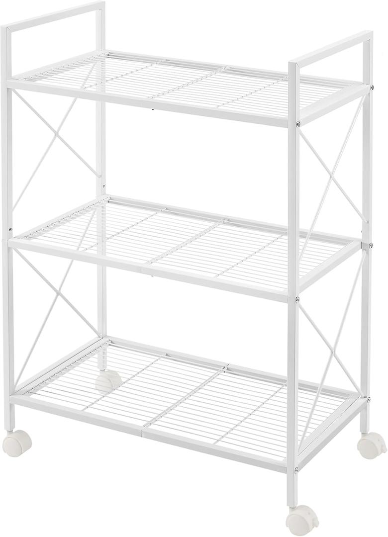 SONGMICS 3-Tier Metal Storage Rack with Wheels, Mesh Shelving Unit with X Side Frames, 23.6-Inch Width, for Entryway, Kitchen, Living Room, Bathroom, Industrial Style, White UBSC163W01