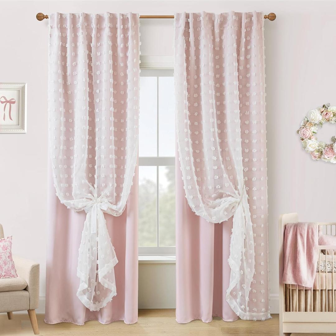 Pink Blackout Curtains for Bedroom Nursery 2 Panels,Sheer White Overlay Pom Pom Floral Ruffle Cute Coquette Aesthetic Room Decor for Baby Girl Teen (50"W x 84"L (Pack of 2))