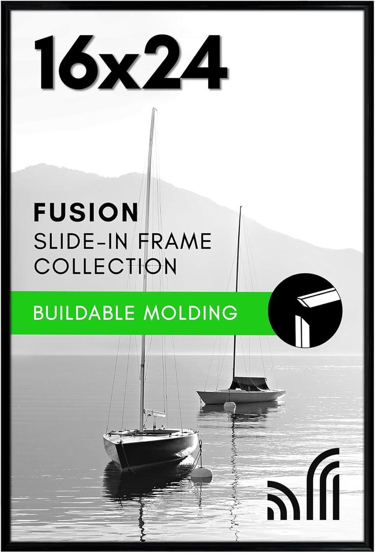 Americanflat 16x24 Poster Frame with Polished Front Cover - Slide-In Photo Frame with Buildable Molding - Fusion Collection - Picture Frames for Wall Display - Black