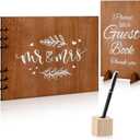Wooden Wedding Guest Book with Pen and Holder Table Reception Sign Wooden Guestbook Registry Album 50 Pages for Decorative for Wedding Anniversary Birthday Engagement Supplies(Fresh)