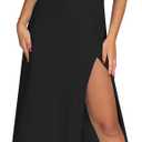 Women's Sexy V Neck Halter Maxi Dress Ruched Waist Tie Backless Summer Flowy Slit Wedding Cocktail Party Long Dresses (Large, All Black)