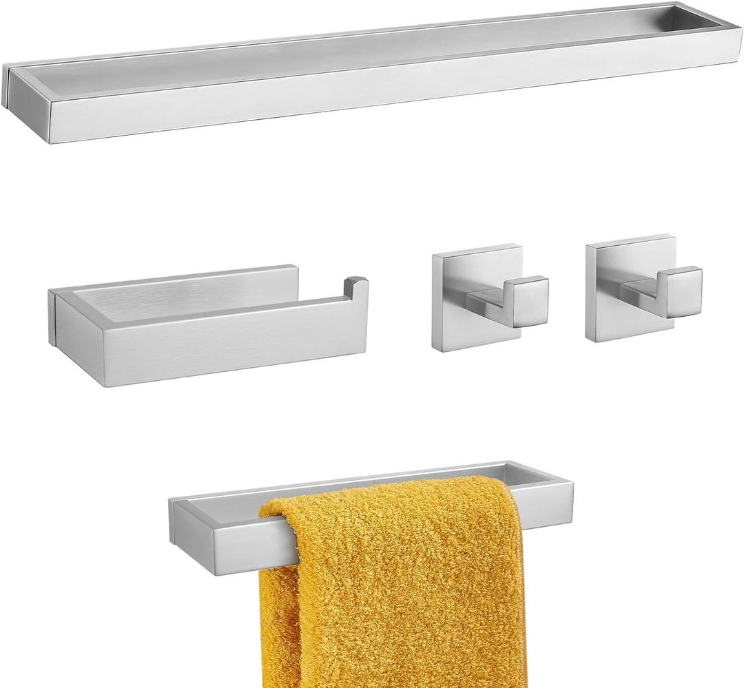 TNOMS Brushed Nickel Towel Bar Set,5-Pieces Bathroom Hardware Accessories Set,Towel Racks Set for Bathroom 23.6 Inch Towel Bar Stainless Steel Wall-Mounted