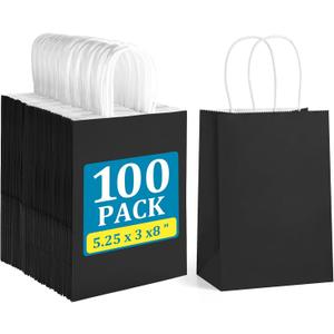 BagDream Black Gift Bags 5.25x3x8 Small Kraft Paper Bags with Handles Bulk 100Pack for Halloween, Party favor, Small Business, Retail, Merchandise, Black Paper Grocery Sacks
