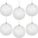6PCS 4 inch White Glitter Velvet Christmas Ball Ornaments Set, Glitter Shatterproof Christmas Tree Hanging Ornament Flocked Hanging Balls Xmas Trees Wreath Garland Holiday Party, White