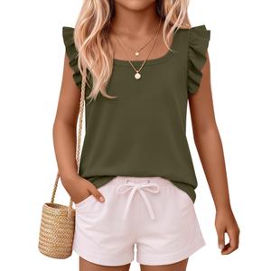 2 x Xaatren Girls' Ruffle Sleeve Tank Tops, 5-6 Years, Army Green