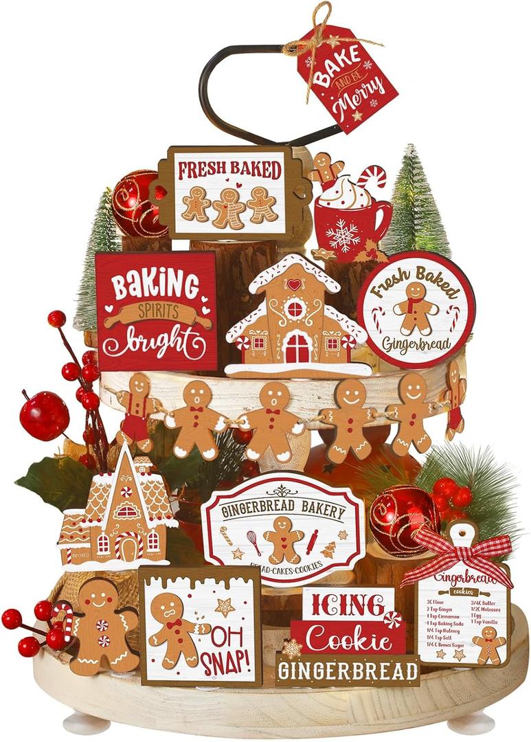 17 Pcs Christmas Tiered Tray Decor Set Gingerbread Man Christmas Tiered Tray Decoration Gingerbread House Wooden Sign Winter Farmhouse Home Decoration for Rustic Home Shelf Table Centerpiece