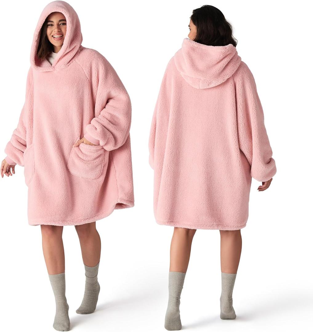 Bedsure Wearable Blanket Hoodies for Women- Gifts for Girlfriend, Warm Cozy Fluffy Birthday Valentines Day gifts for Him Her Women Wife, Soft Sweatshirt, Oversized Hooded Blankets With Sleeves, Pink (Standard)