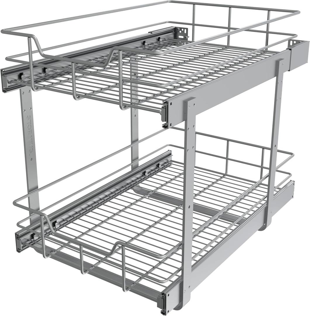 2 Tier Pull Out Cabinet Organizer 14" W X 22" D, Slide Out Drawers For Kitchen Cabinets, Pull Out Drawers For Cabinets Capacity Heavy Duty Caddy, Cabinet Pullout Shelves Chrome-Plated,Bathroom Pantry