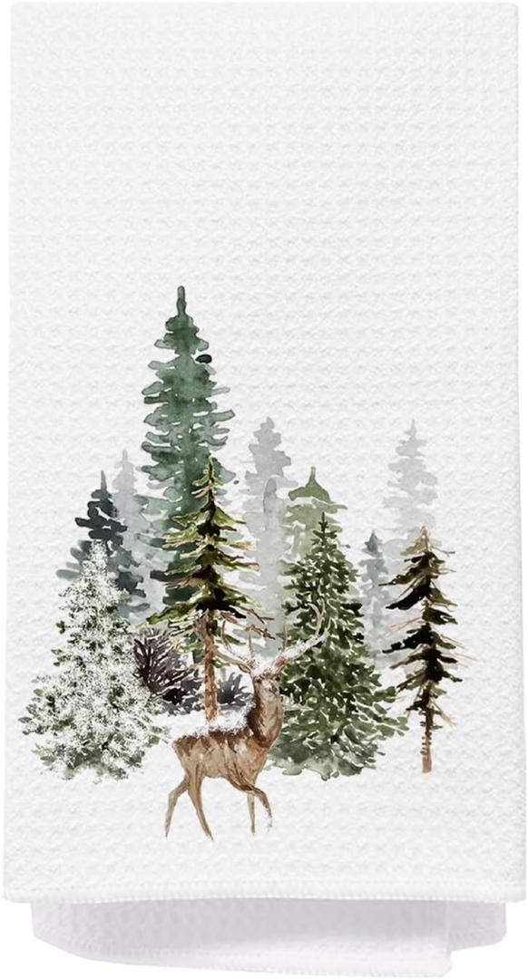 Green Christmas Tree Deer Kitchen Towels, Christmas Pine Tree Dish Tea Towels, Xmas Winter Forest Reindeer Decorative Hand Towel for Bathroom Kitchen, 16x24 Inch