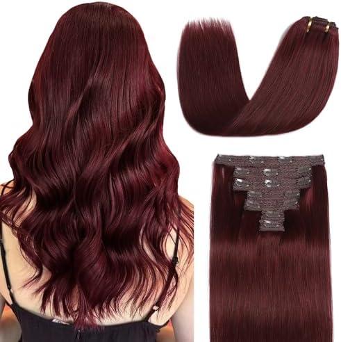 Sisily Clip in Hair Extensions Real Human Hair, Premium Human Hair Clip in Extensions Burgundy Red, Soft Straight Hair Extensions Real Human Hair Clip ins 7PCS Double Weft（18 Inch）