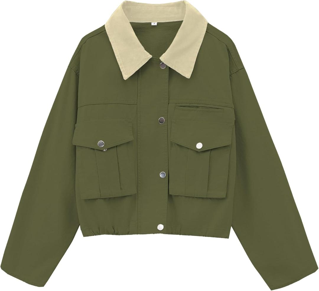 Womens Cropped Jacket Contrast Collar Utility Coat Cargo Jacket Barn Jacket Outwear with Pockets (Small, Armygreen)