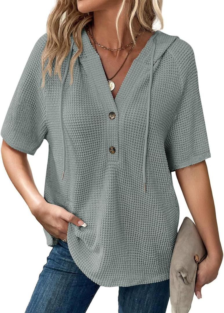 Dokotoo Womens Summer Tops Waffle Knit Short Sleeve Lightweight Drawstring Hoodies Button V Neck Casual Blouses Shirts (Green, M)