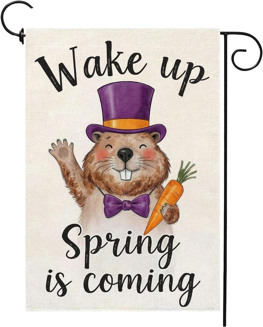 Wake Up Spring Is Coming Groundhog Day Garden Flag 12x18 Inch Double Sided Outside Spring Punxsutawney Phil Yard Outdoor Decorations
