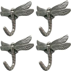 Dragonfly Hooks Wall Mounted Cloak Rack, Animal Heavy Duty Vintage Decorative Hooks, Indoor Outdoor Universal Cloak Rack Hooks for Coat Towel Robe Clothes Hats Bags Keys, Pack of 4 (Antique Silver)