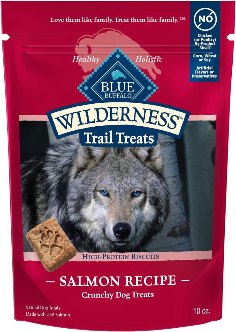 Blue Buffalo Wilderness Trail Treats High Protein Grain Free Dog Biscuits Crunchy Dog Treats, Salmon Recipe, 10-oz Bag, Best By: Aug 04 2025