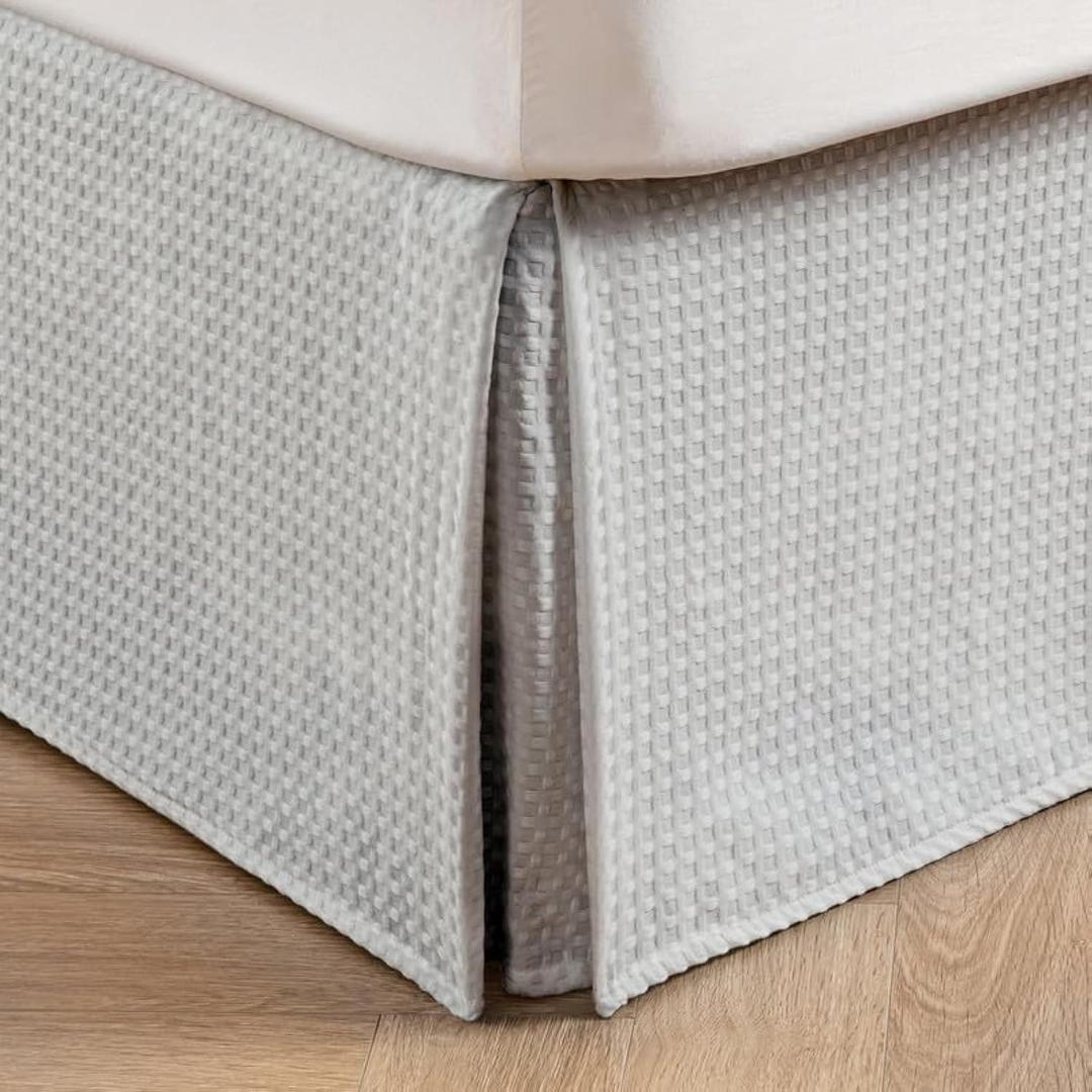MIYE Pleated Waffle Weave Bed Skirt, Tailored Dust Ruffle 16 Inch Drop Easy Fit, Machine Washable (Light Grey, Twin - 16" Drop)