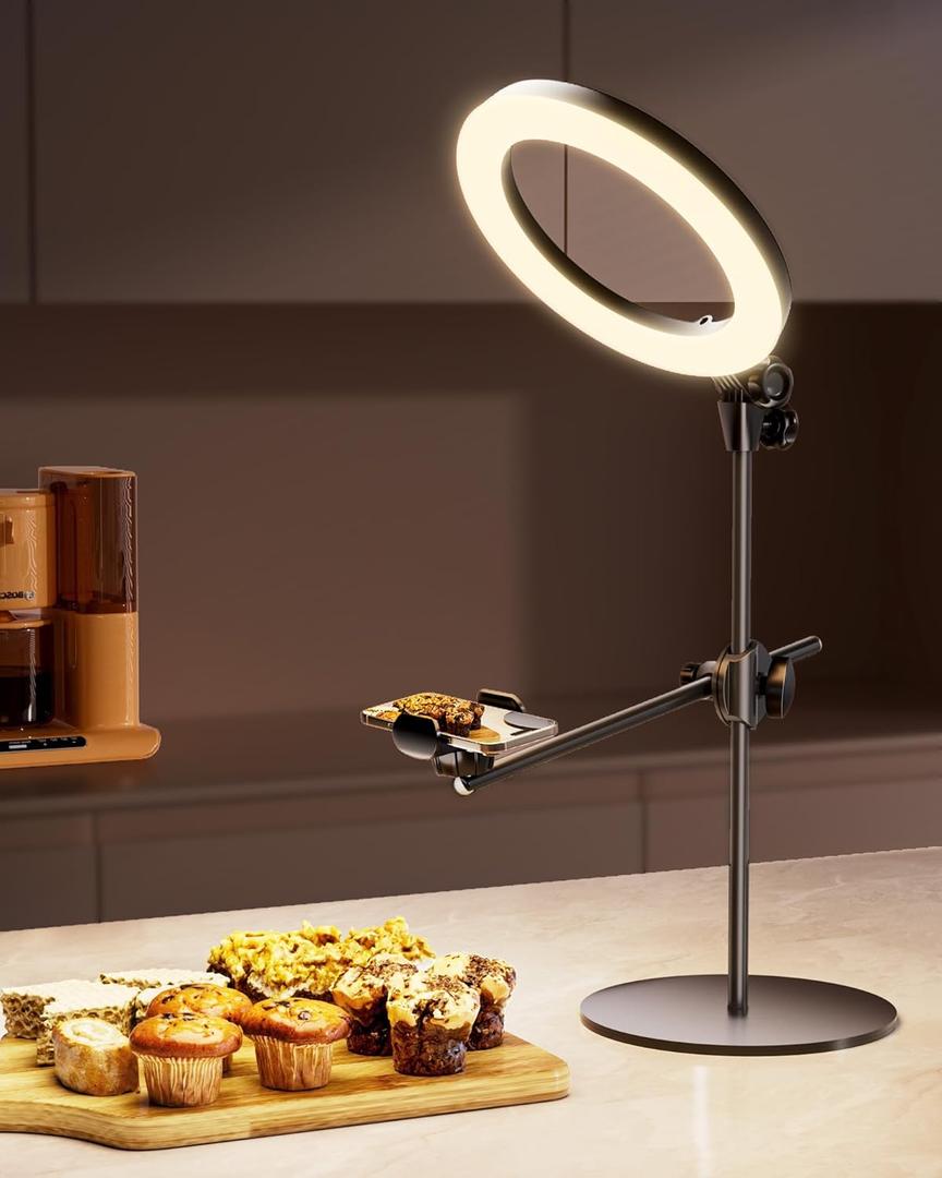 Ring Light Overhead Camera Mount for Desk, LUXSURE 10.5" Ring Light with Stand for iPhone, Adjustable Overhead Tripod with Shooting Arm & Phone Holder for Video Recording, Content Creation, Cooking