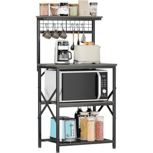 Furologee Kitchen Bakers Rack, Microwave Stand with Storage 4 Tiers, Coffee Bar Station with 6 S Hooks and Pegboard, Kitchen Shelves Rack for Spices, Pots, Black Oak (22inch)