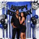 37th Birthday Decorations for Men, Black Blue Happy 37th Birthday Balloons with Foil Number 37, Happy Birthday Banner, Fringe Curtains, Foil Balloons Party Supplies