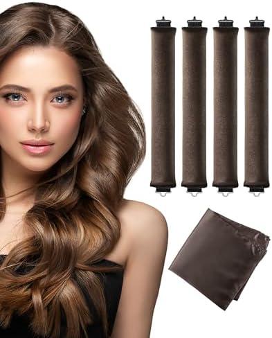 Heatless Curls Overnight Hair Curler - 4 Pcs Curling Rod to Sleep In, Velvet Hair Rollers with Satin Hair Scarf