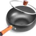 9.4 Inch Carbon Steel Wok with Glass Lid, Big Belly Flat Bottom Stir Fry Pan, Coating-Free Compact Wok Pan for Gas, Electric, Ceramic & Induction, 3.5 QT for 13 Servings