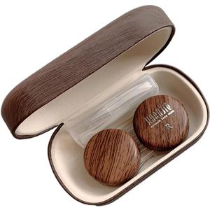 CARUNCOO Wood Grain Contact Lens Case Compact Eye Contact Case for Travelling Portable Contact Box with Mirror RectangleCute Colorful Especially Elegant Brown 4 Piece Set