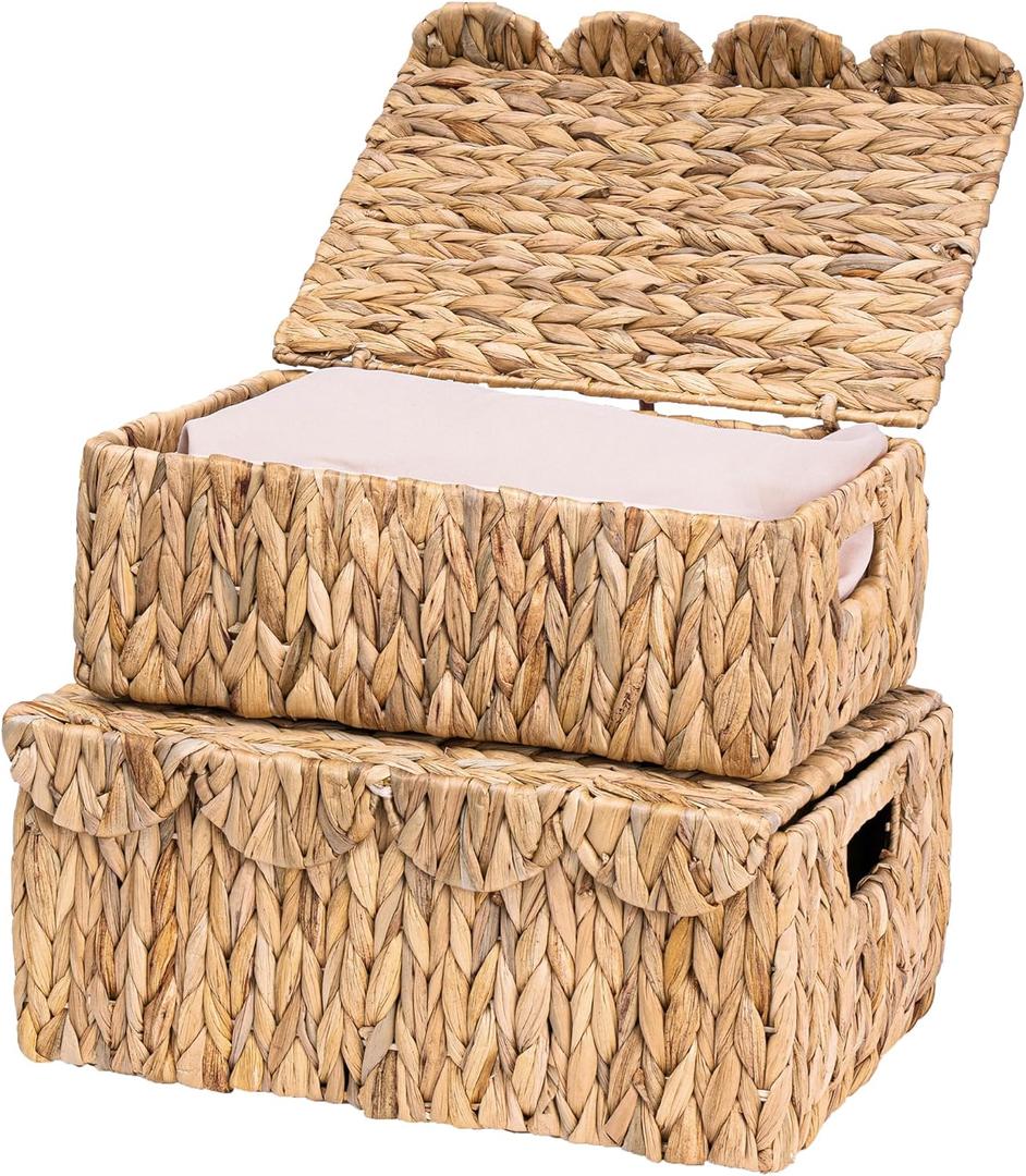LUSYDECO Set of 2 Scalloped Edge Wicker Basket with Lids, Rectangle Wicker Storage Basket with Built-in Handles, Multipurpose Organizer Rattan Display Boxes for Shelf, Nursery Room