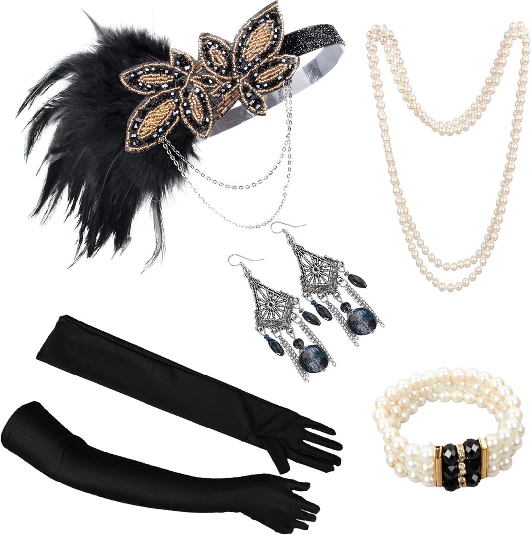 1920s Gatsby Accessories Set for Women - Black 20s Set for Woman (Lm1010h)