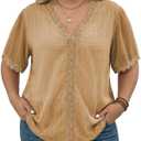 Eytino Plus Size Tops for Women 2026 Summer Short Sleeve V Neck Lace Crochet Chiffon Shirt Blouses,2X Khaki (Beige, XXL)