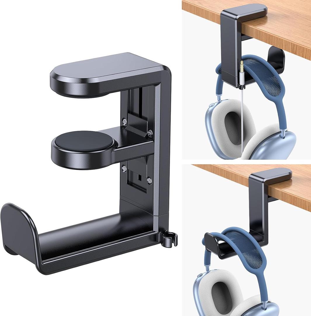 Coolpow Gaming Headphone Stand for Desk360RotatingPC Headset Holder for Desk Hook Mount, Headset Stand Holder Clip Under Desk Headphone Hanger for Airpods Max, HyperX, Sennheiser All Headphone Size (Black)