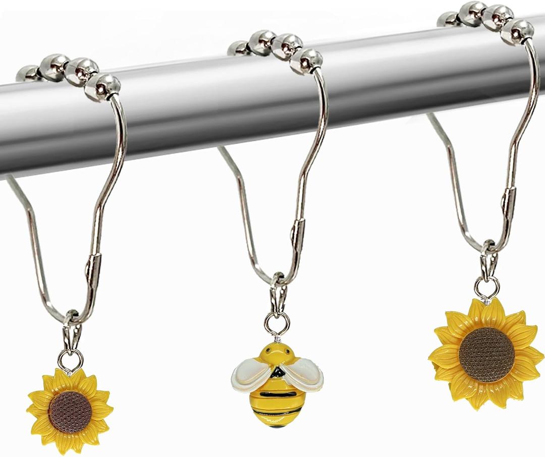 Sunflower Bee Shower Curtain Hooks, Spring Sunflower Shower Curtain Ring Hooks Retro Farmhouse Bathroom Decor Floral Garden Themed Shower Hooks for Spring Bathroom Accessories