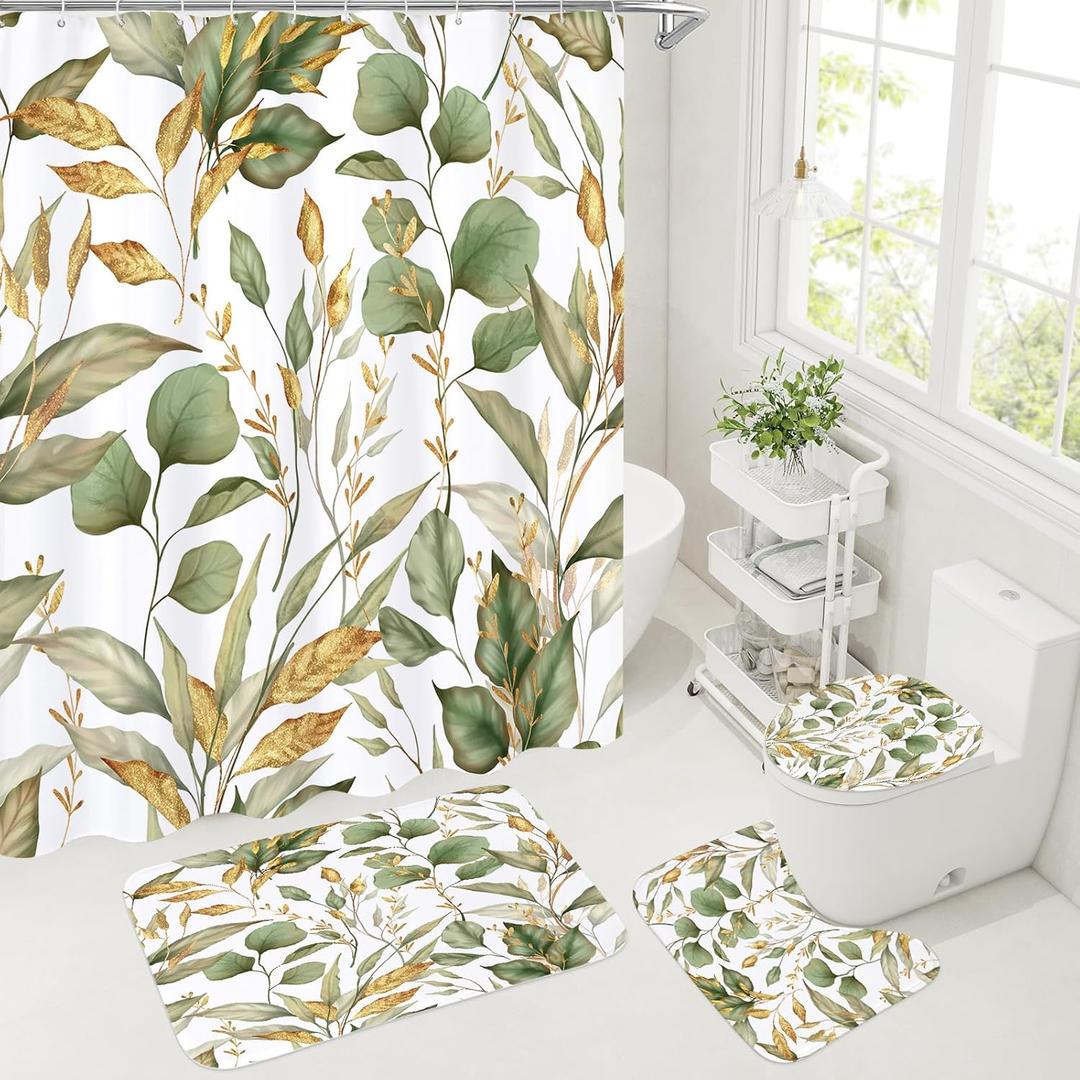 4 Pcs Green Gold Plant Shower Curtain Set with Non-Slip Rugs, Botanical Toilet Lid Cover and Bath Mat for Aesthetic Bathroom, Elegant Bathroom Decor Set (Hooks not Included)
