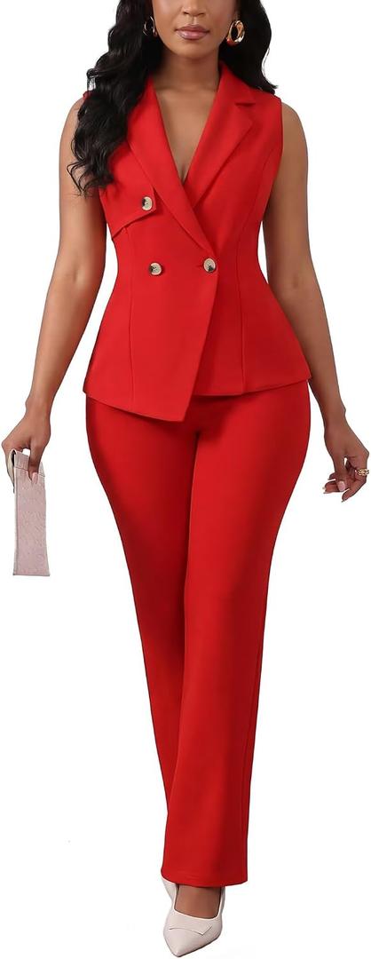 Ophestin Pant Suits for Women Dressy V Neck Sleeveless Vest Blazer Wide Leg Pants Sets 2 Piece Business Casual Work Outfit, Size M