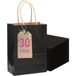 Qiqee 30-Packs Black Gift Bags with Handles Bulk 4.5"x2.5"x6" Mini Size Kraft Party Paper Bags